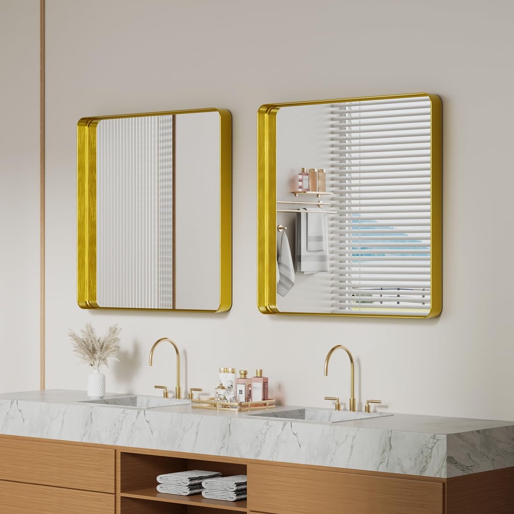 Gold Wall Mirror for Bathroom, 30x30 Inch Matte Deep Framed Rounded Rectangle...