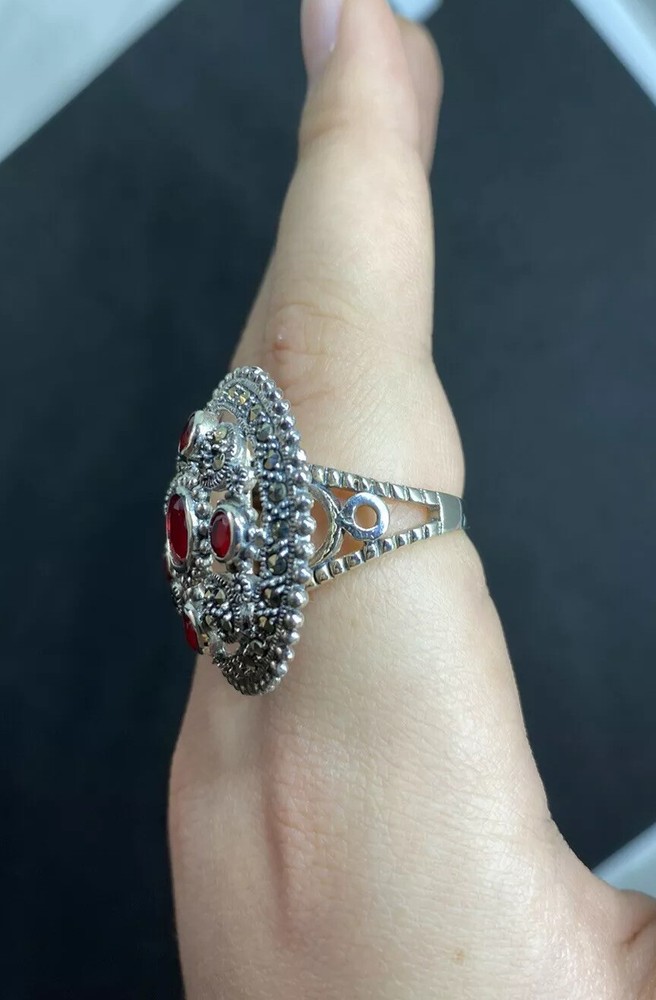 Beautiful 925 Silver Ruby-Marcasite Ring Size 9 W 13.2 Gr.