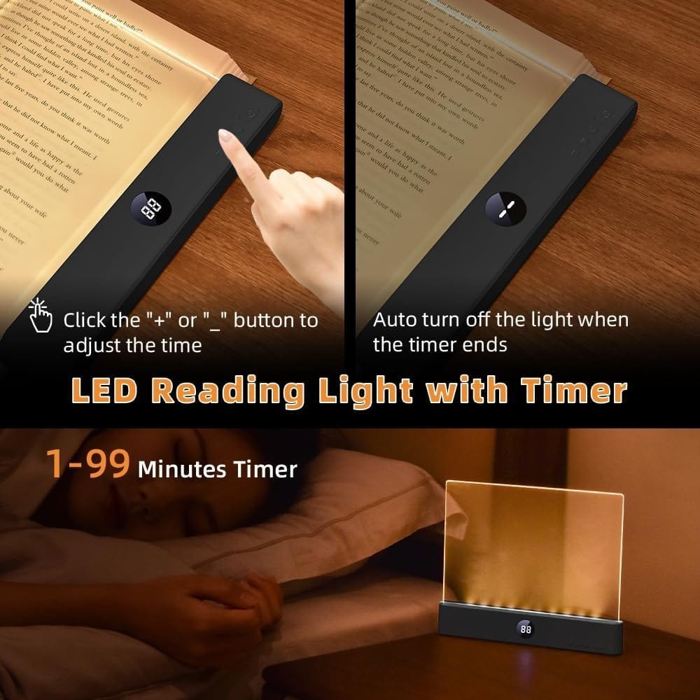 LED Book Reading Light Flat Panel Rechargeable Night Vision Dimmable Timer USB