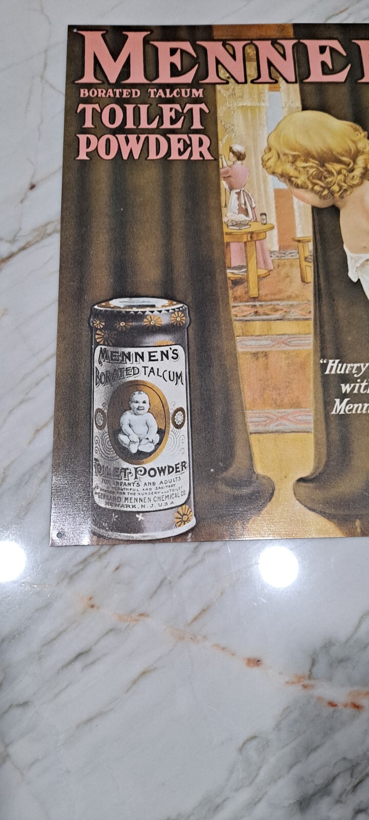 VINTAGE Mennen's Borated Talcum Toilet Powder Tin Baby ADVERTISING Tin SIGN