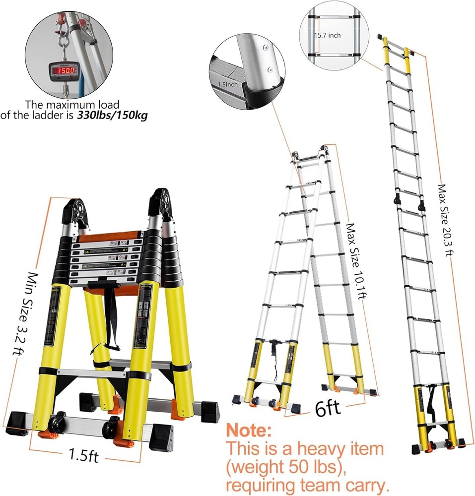 Telescoping Ladder A Frame, 20 Ft Compact Aluminum Extension Telescopic Step