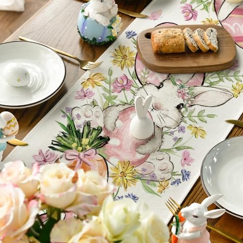 Bunny Rabbit Egg Flower Easter Table Runner, 13" x 72", Table Runner Beige