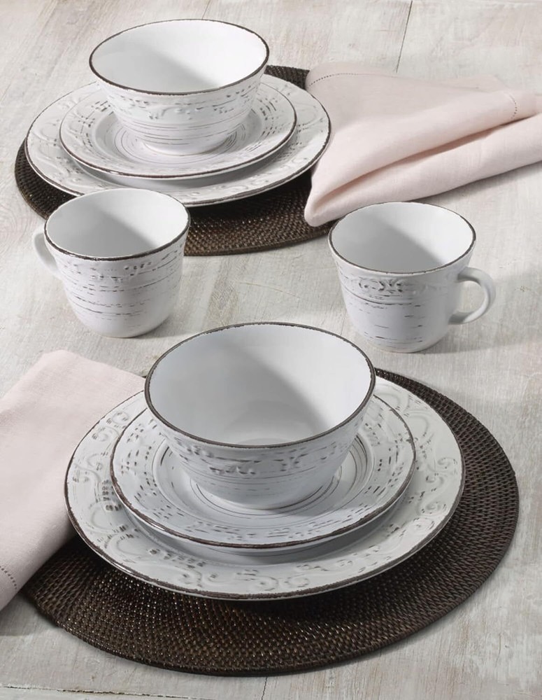 White 16-Piece Dinnerware Set, Serves 4, White Embossed