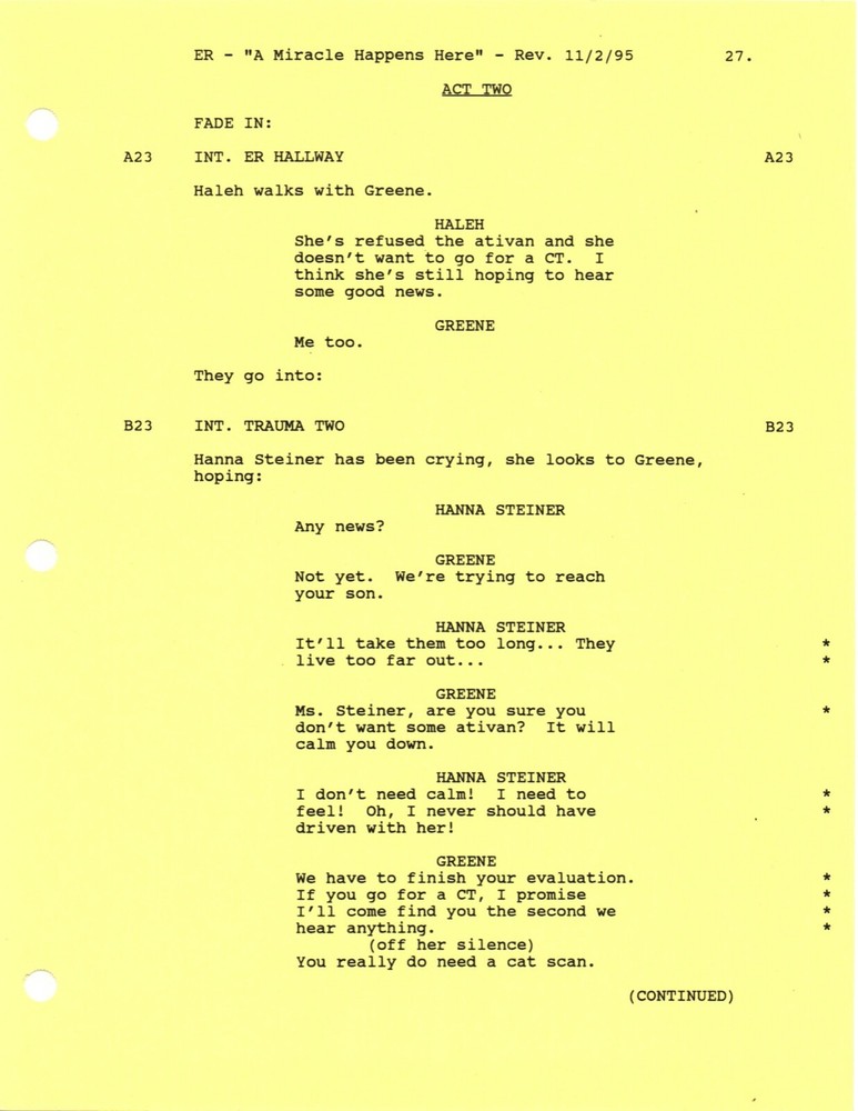 *ER - A MIRACLE HAPPENS HERE (1995) Revised First Draft Script DTD 10/29/95