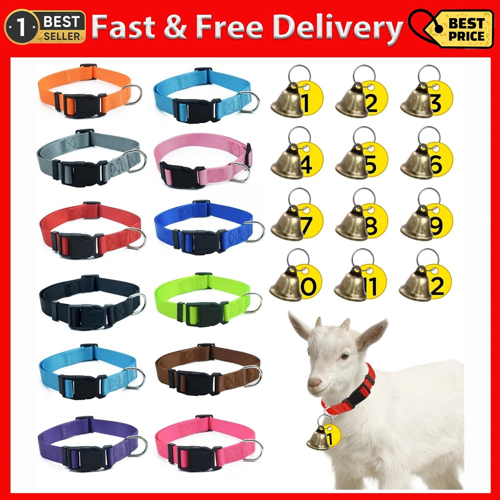 12-Pack Goat Collars with Bells and Numbered Tags,Adjustable Nylon Grazing Colla