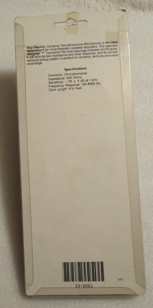 Realistic 33-2001A Universal Replacement Cassette Recorder Microphone New