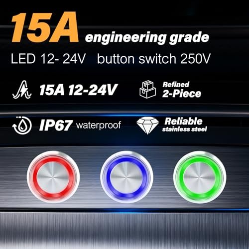 15Amp Push Button Switch，(0.866") 12V-24V Latching Push Button Switch 22mm Red