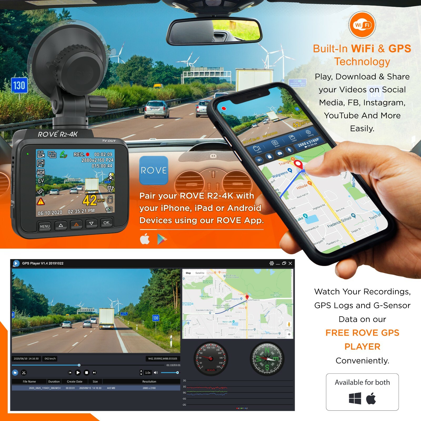 ROVE R2-4K Car Dash Cam Built-in WiFi & GPS [Open Box] with Free Hardwire Kit