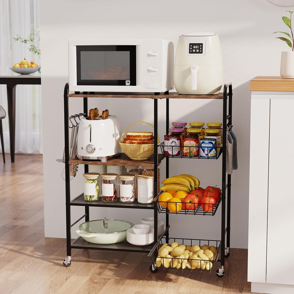Rolling Kitchen Microwave Cart - 4 Tier Microwave Table Stand with Pull-Out Bask