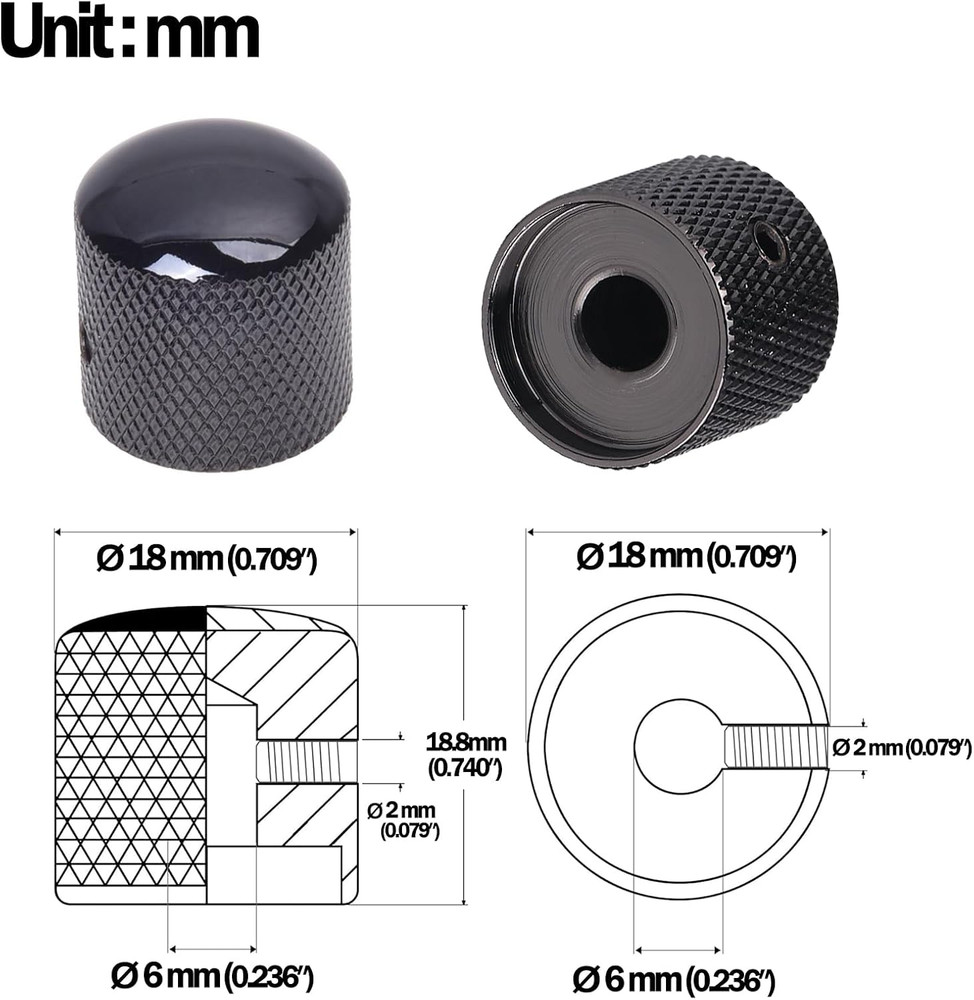 3Pcs Guitar Knobs Black Nickel Metal Volume Tone Dome Speed Control Knobs with A