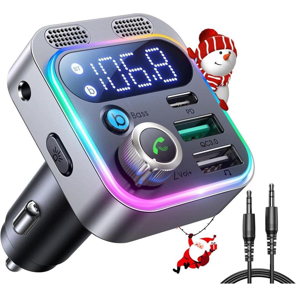 Bluetooth 5.3 FM Transmitter Car Adapter Dual Mics Hifi Deep Bass Sound 48W PD Q