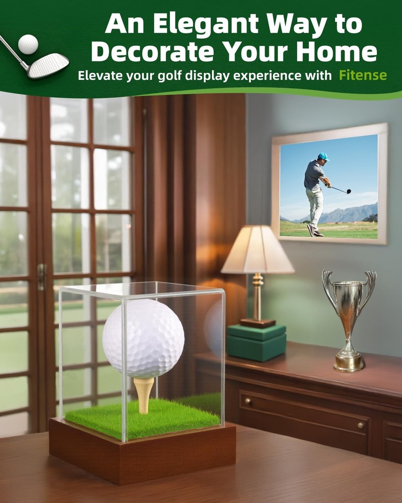 Golf Ball Display Case - Clear Acrylic Cube with Solid Wood Base & Tee, Anti-...