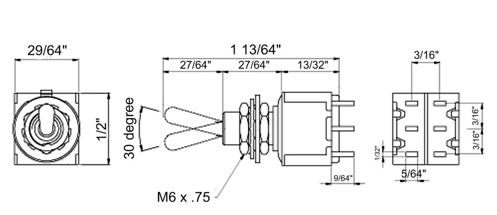 Switch Mini Toggle ON ON Black with Black Knob Bitterroot 081391BK