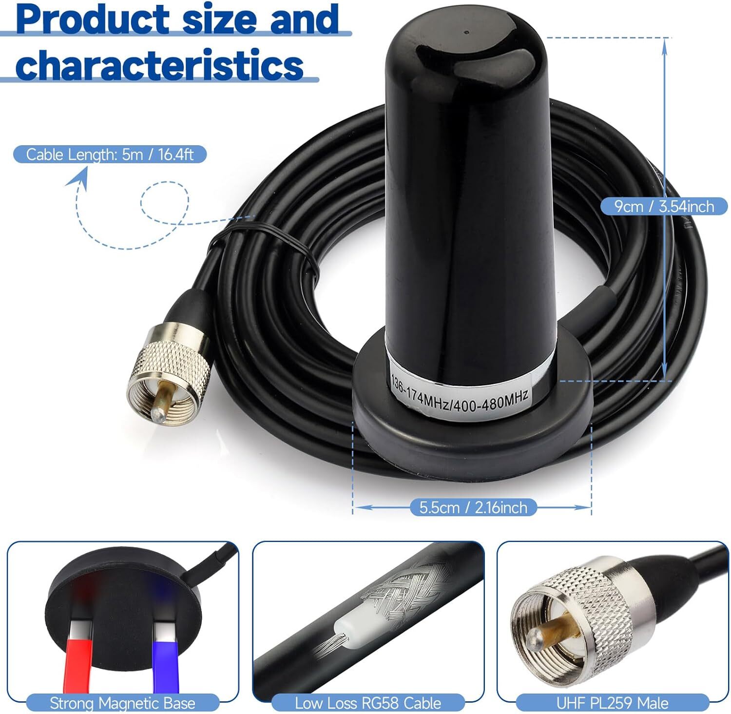 Ham Radio Antenna Dual Band VHF UHF 136-174MHz 400-470MHz NMO Mount PL259 Male