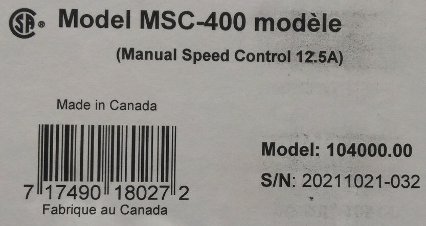Schaefer Manual Variable Speed Fan Control, 115/230 volt. model MSC-400