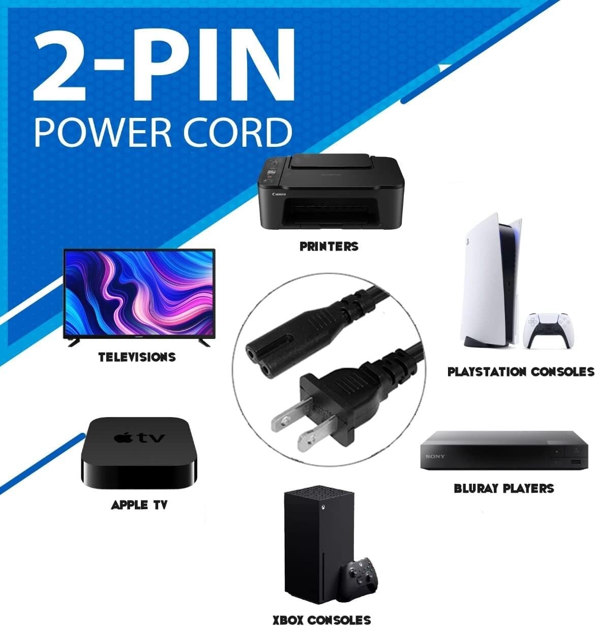 AC Power Cord 2 Prong Cable for PS 5 4 3 2 Slim XBOX PC Laptop PSV Monitor TV