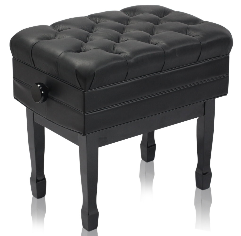 Genuine Leather Adjustable Piano Bench Seat - GRIFFIN Black Wood Keyboard Stool