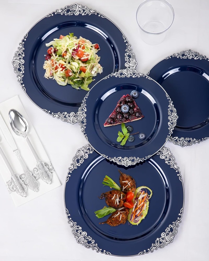 175pcs Blue & Silver Plastic Plates Elegant Disposable Dinnerware Set Suitable