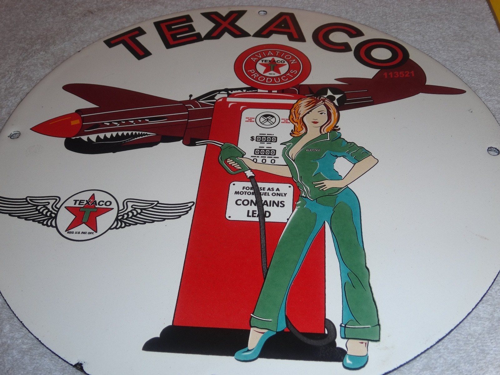 VINTAGE TEXACO AVIATION FEMALE MODEL WW2 AIRPLANE 11 3/4" PORCELAIN GAS OIL SIGN