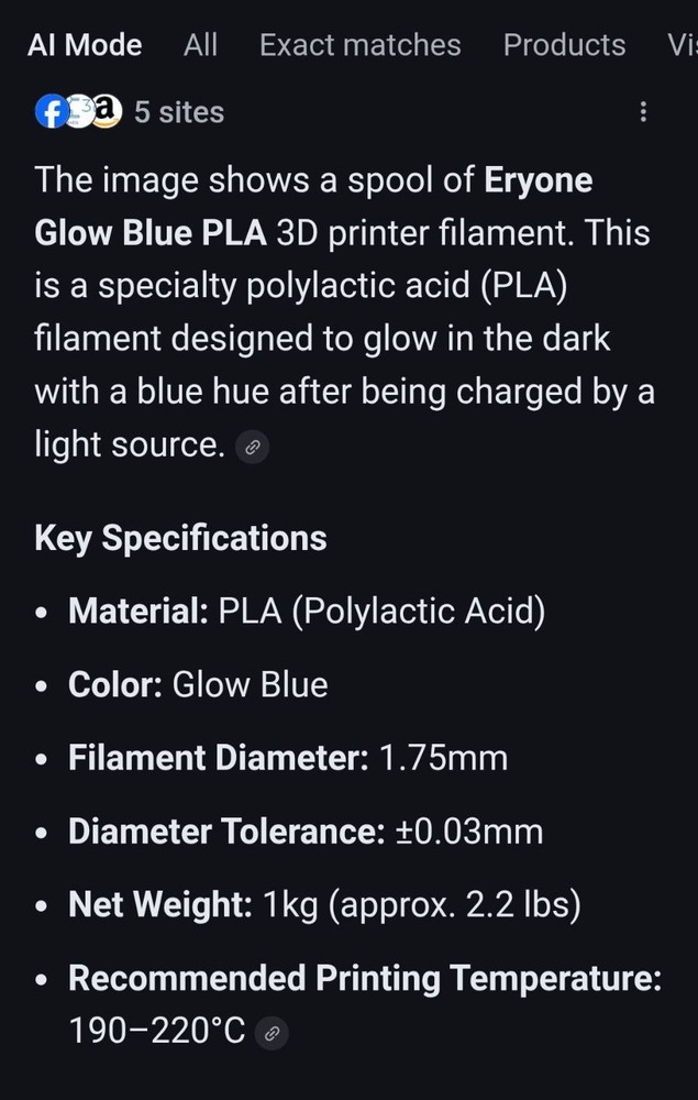 Eryone Glow Blue Pla 3D Printer Filament 1.75mm Diameter