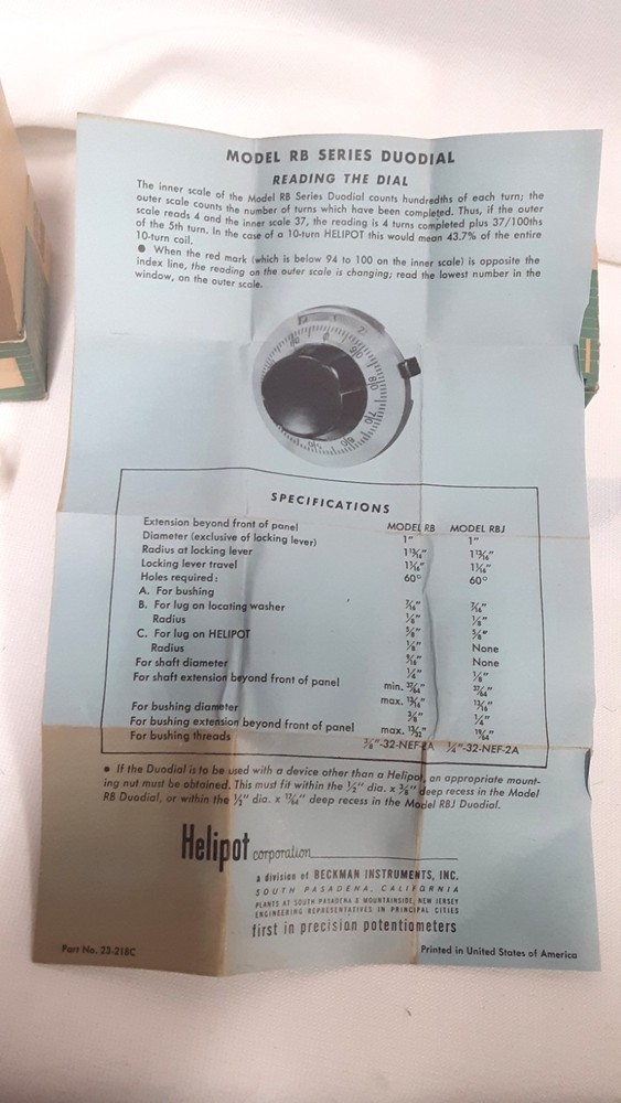 Vintage Helipot Model RB Precision Duodial Knobs - NOS - Qty 2 - Original Boxes