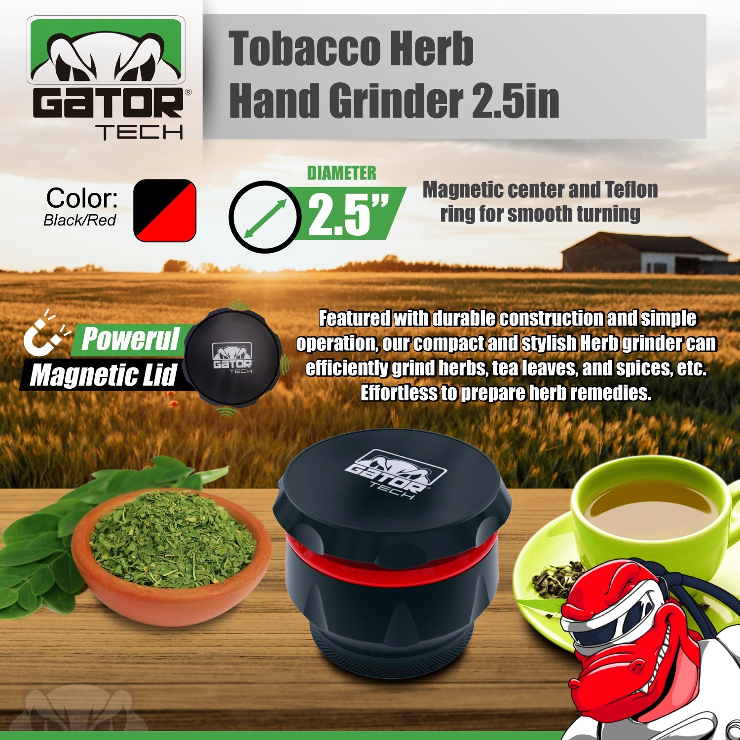 Tobacco Herb Grinder Spice Herbal Metal Crusher 2.5” Large Hand Handle Muller
