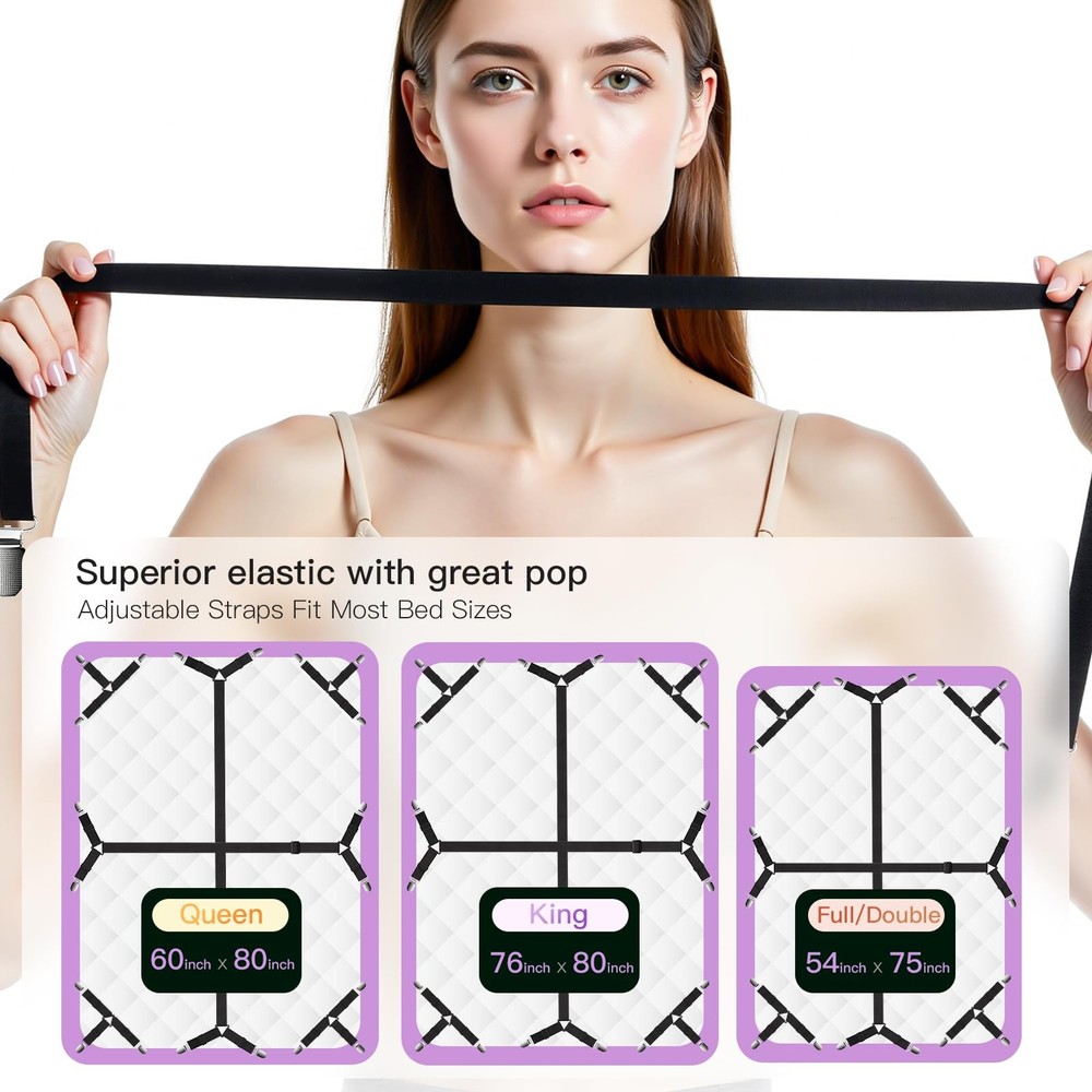 12PCS Bed Sheet Straps, Secure & Adjustable Fitted Sheet Holders for Full, Qu...