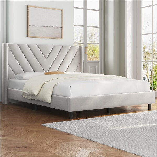Full/Queen Upholstered Bed Frame with Wing Side Headboard, No Box Spring Needed