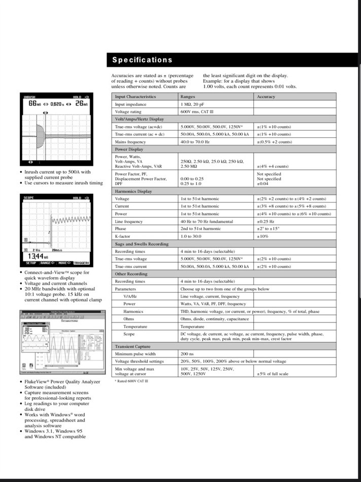 Fluke 43 Power Quality Analyzer Maintain power systems, troubleshoot problems