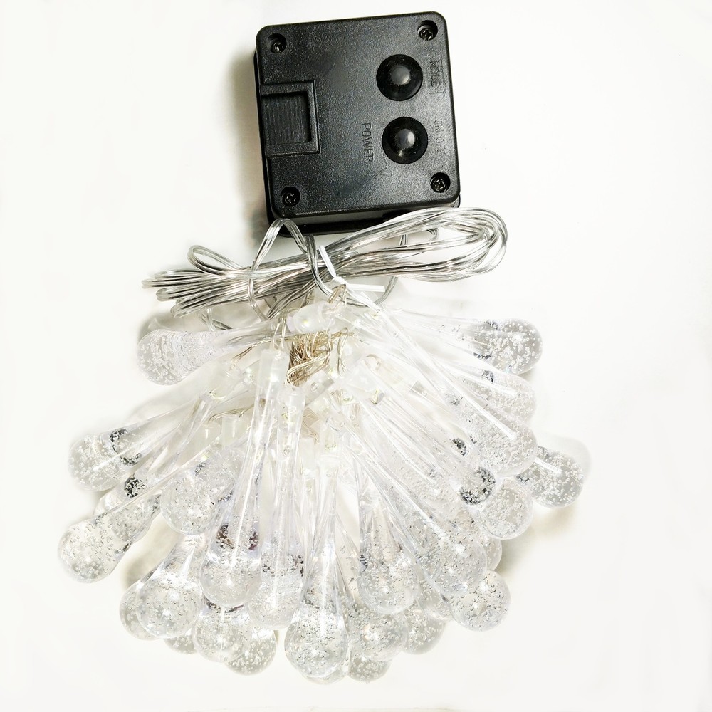 Solar Powered Water Drop String Lights - 30 LED Warm White, 8 Modes