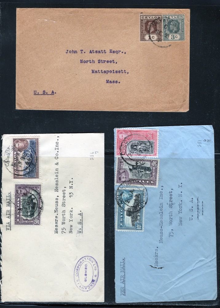 Ceylon   3  covers  to  US,  multiple  stamps