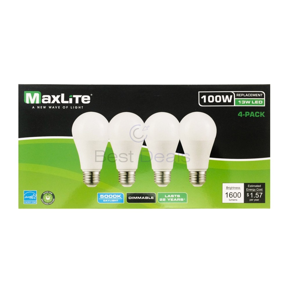 96 PACK Maxlite Dimmable LED 13W Daylight Light Bulb A19 100W replacement 5000K