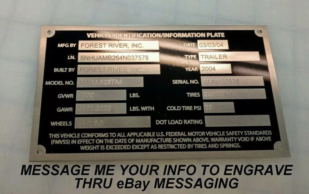 ENGRAVED 14 LINE TRAILER ID DATA PLATE NUMBER DATA TAG NAMEPLATE
