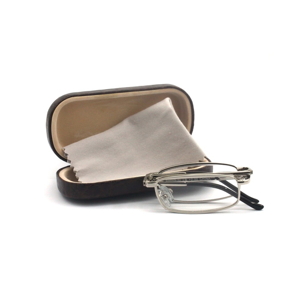 EYEZOOM Compact Rectangular Metal Folding Reading Glasses with Leather Case