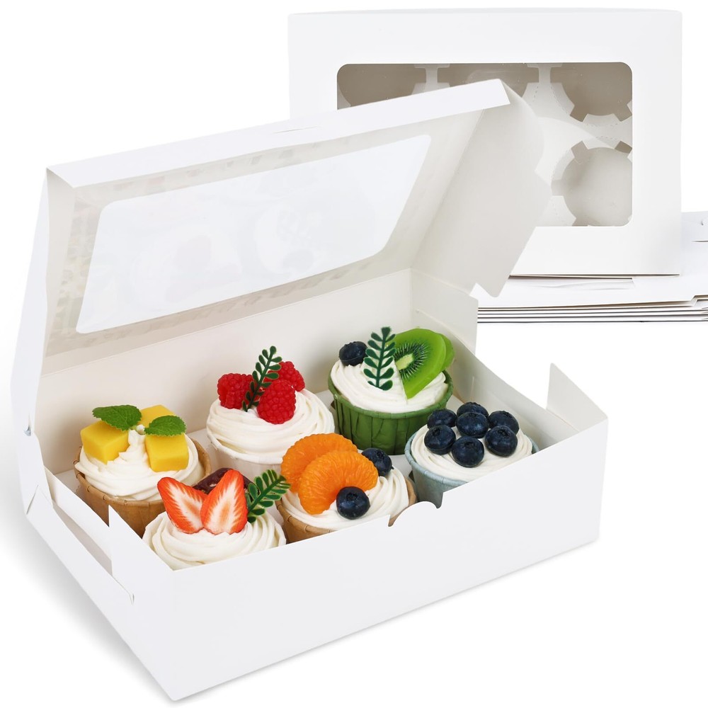 6PCS White Cupcake Containers Cupcake Carrier 6 Count with Window Boxes Holdi...
