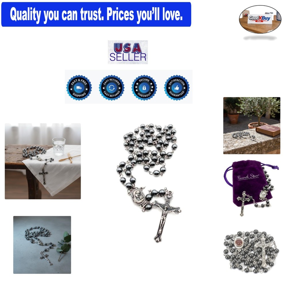Hematite Rosary Beads Necklace with Jerusalem Holy Soil Religious Pendant