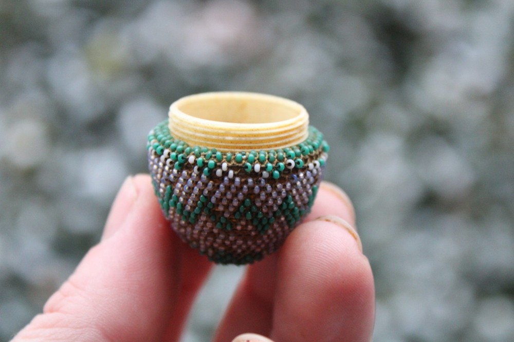 Antique 19th Century English Beaded Easter Egg Thimble Case w/ Sterling Thimble