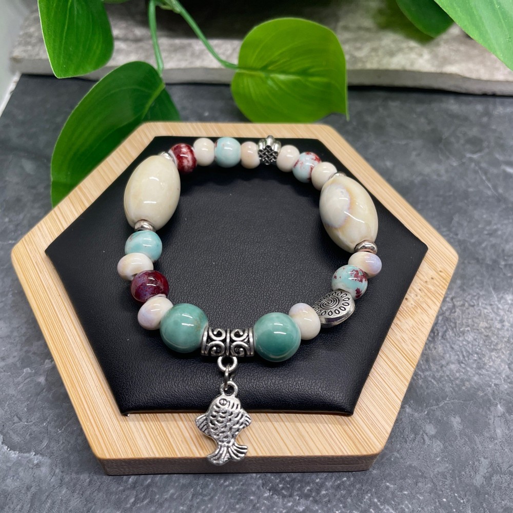 Handmade Ceramic Bead Beaded Stackable 6.25” Plus Stretch Bracelet New B432