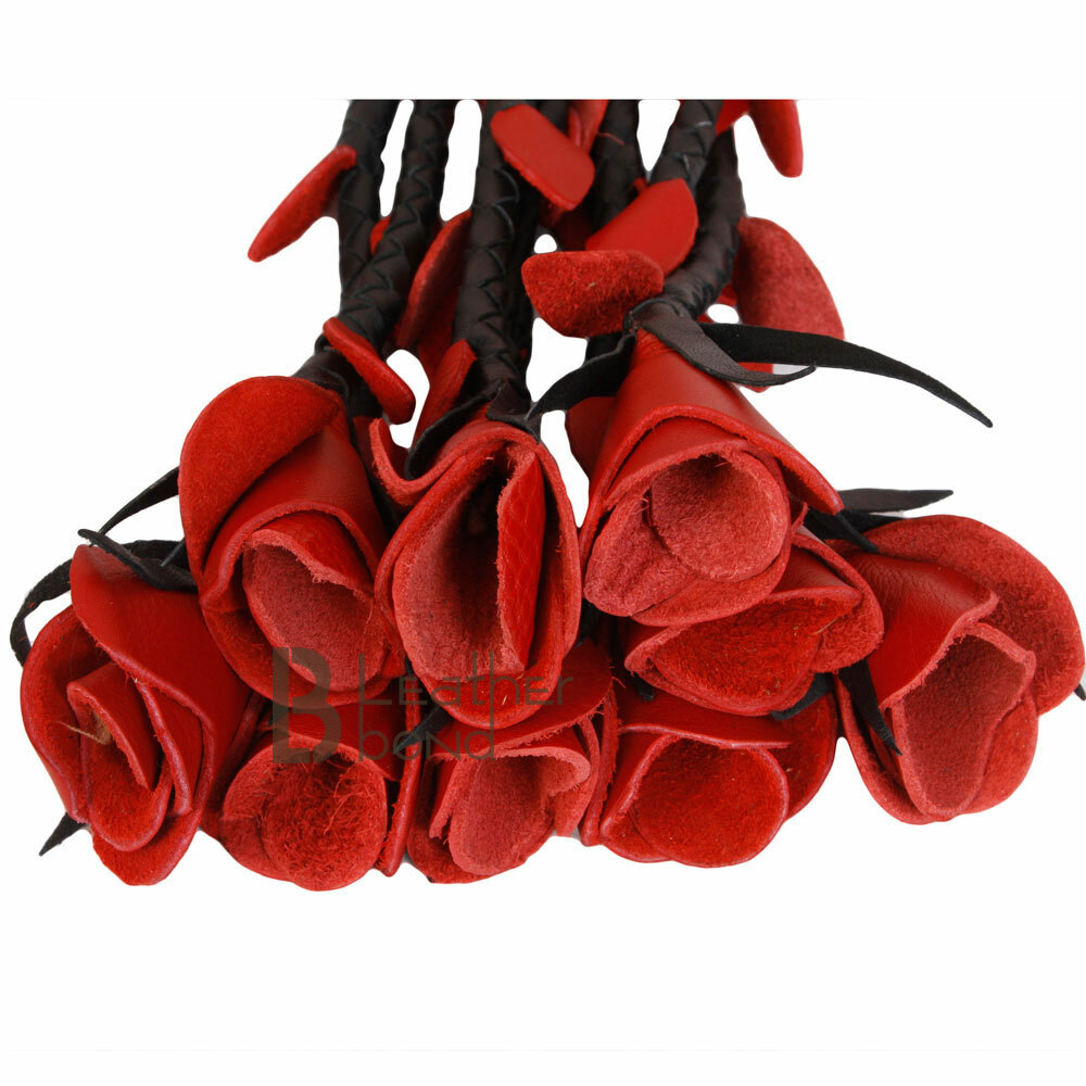 Real Genuine Cow Hide Leather Thuddy Flogger 9 Braided Falls & Heavy Red Roses