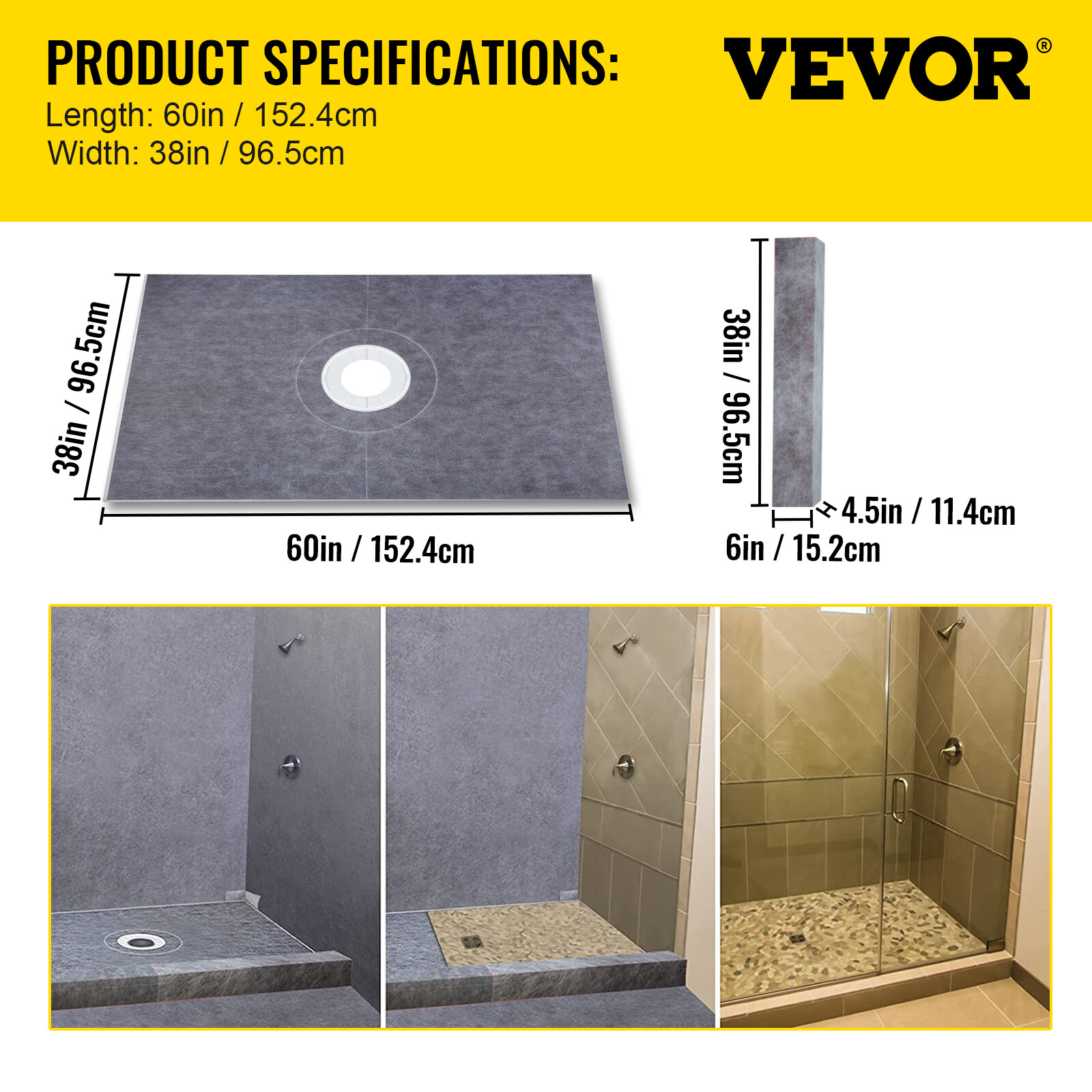 VEVOR Shower Curb Kit 38"x60" Central Drain Tray & Drainage & 2 Cuttable Curbs
