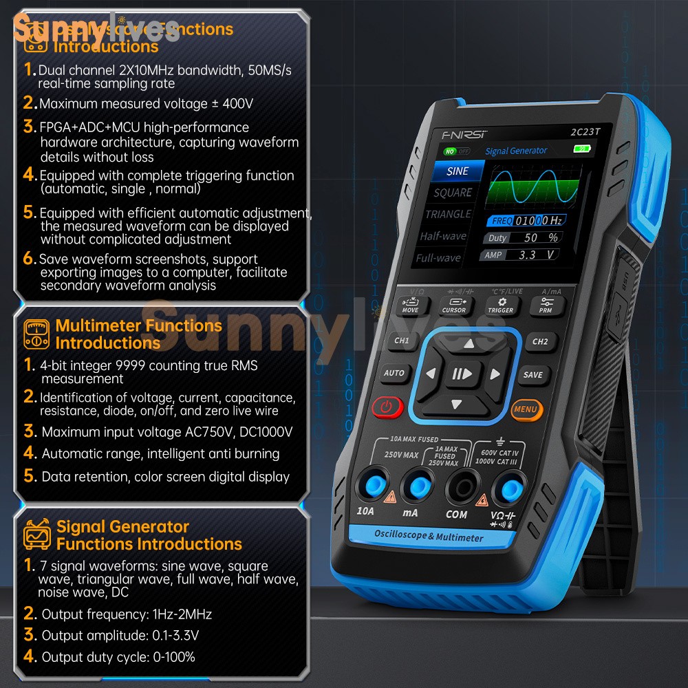 FNIRSI 2C23T+P6100 Digital LCD Oscilloscope Multimeter Function Signal Generator