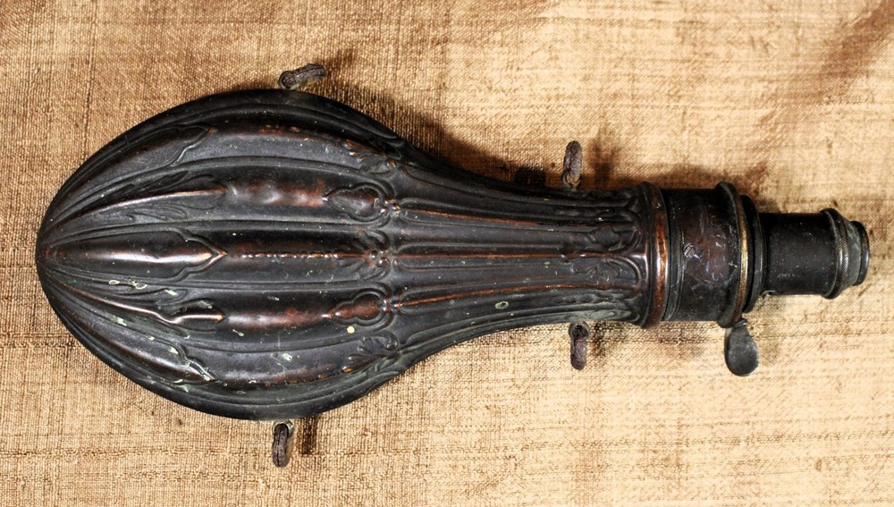 2 Antique Repousse Decorated Copper Powder Flasks c. 1850