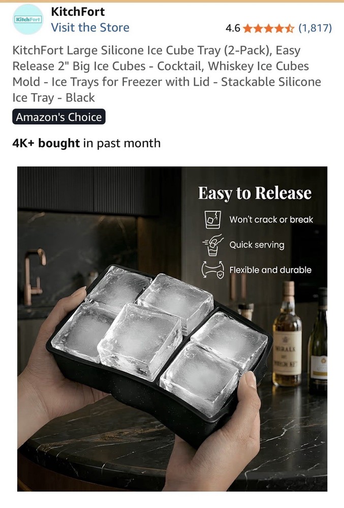 KitchFort Large Silicone Ice Cube Tray 2-Pack Black Stackable Easy Release