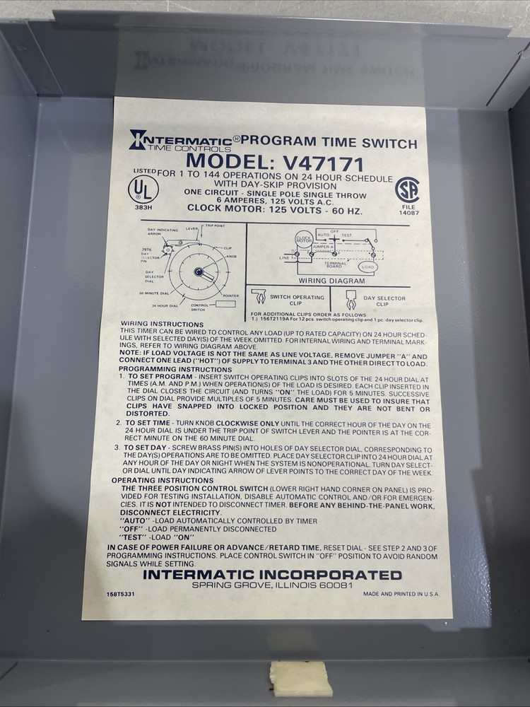 Intermatic Programmable Time Switch V47171 with day skipper, SPST,6 Amp 125Volt