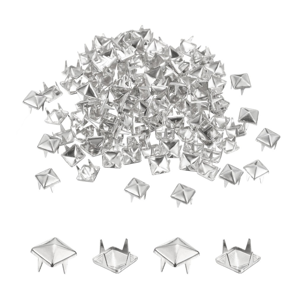 100Pcs Square Pyramid Studs, 6mm Four-Jaw Metal Stud Spikes, Silver Tone
