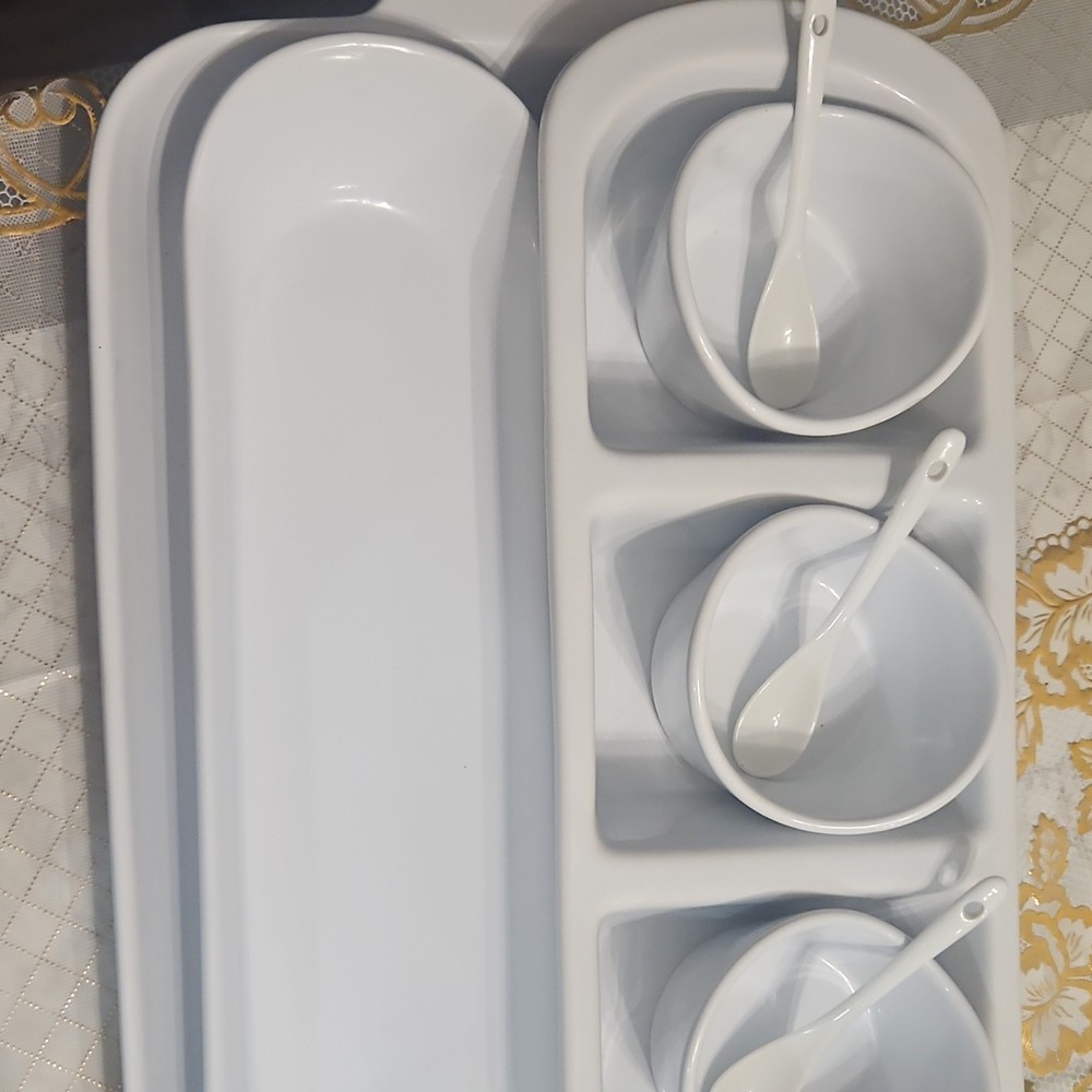 White Ceramic Multi-Section Serving Tray with 3 Bowls and Spoons, Rectangular