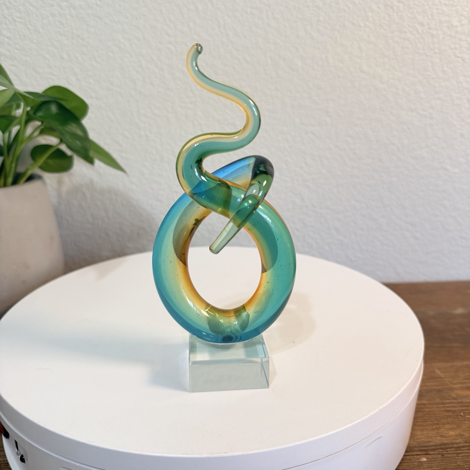 MURANO Style Art Glass Sculpture Spiral Corkscrew Abstract Blue, Brown 7"