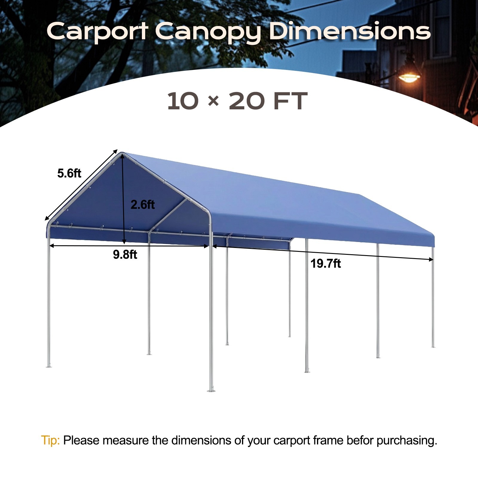 Aoodor 10 x 20 FT Carport Replacement Canopy Cover with Extra-Long Ball Bungees