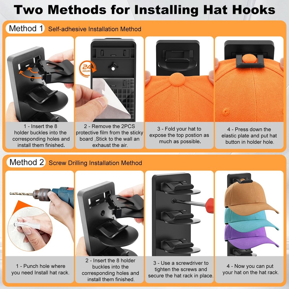 2 Pack Hat Organizer for Baseball Caps, Hat Rack for Wall, Strong Adhesive & ...