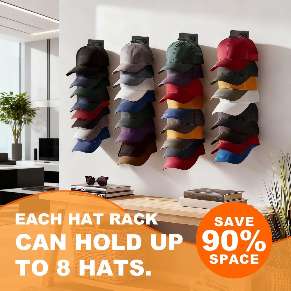 2 Pack Hat Organizer for Baseball Caps, Hat Rack for Wall, Strong Adhesive & ...